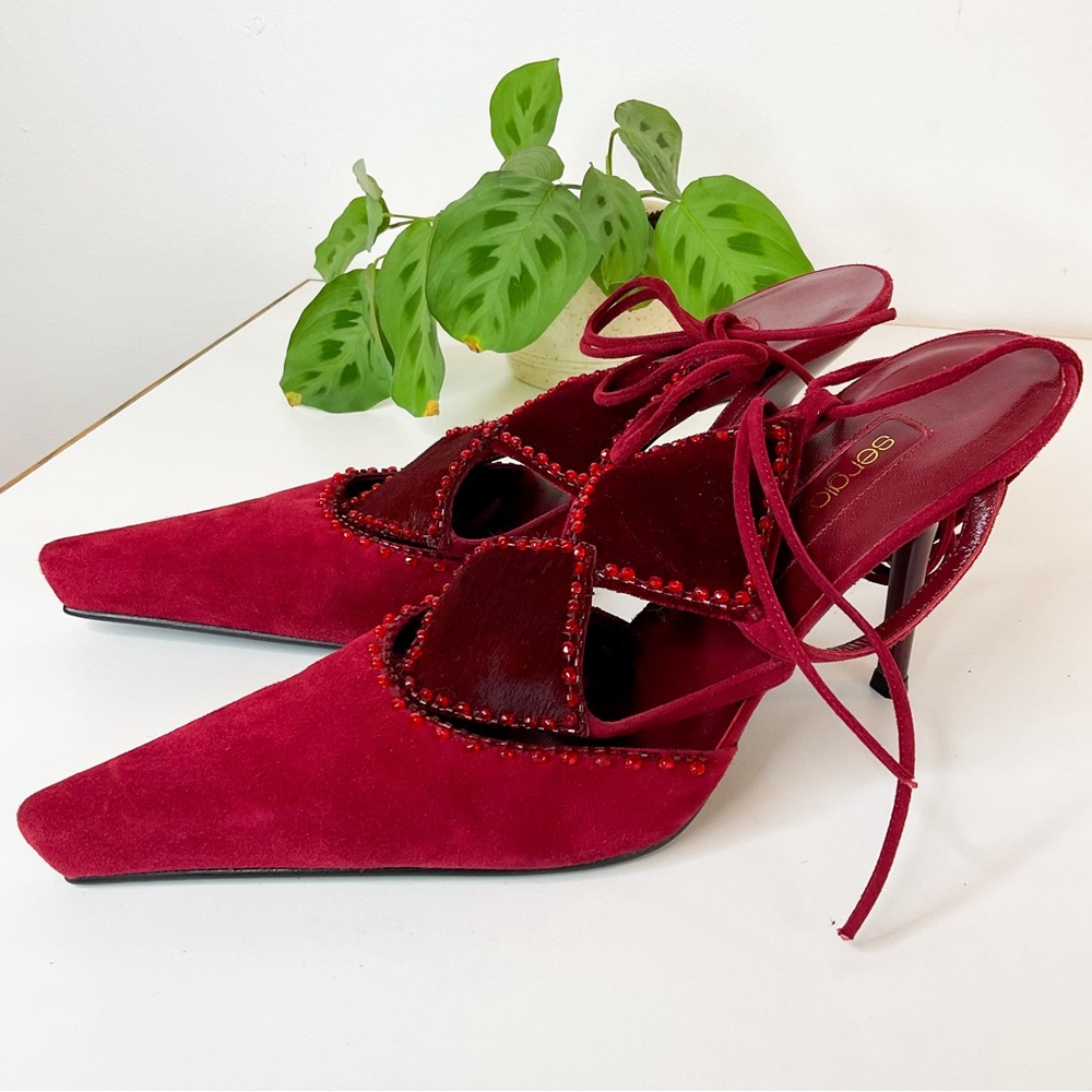 SERGIO ROSSI Red Scarlet Leather And Velvet Tie Up Pointed Pumps